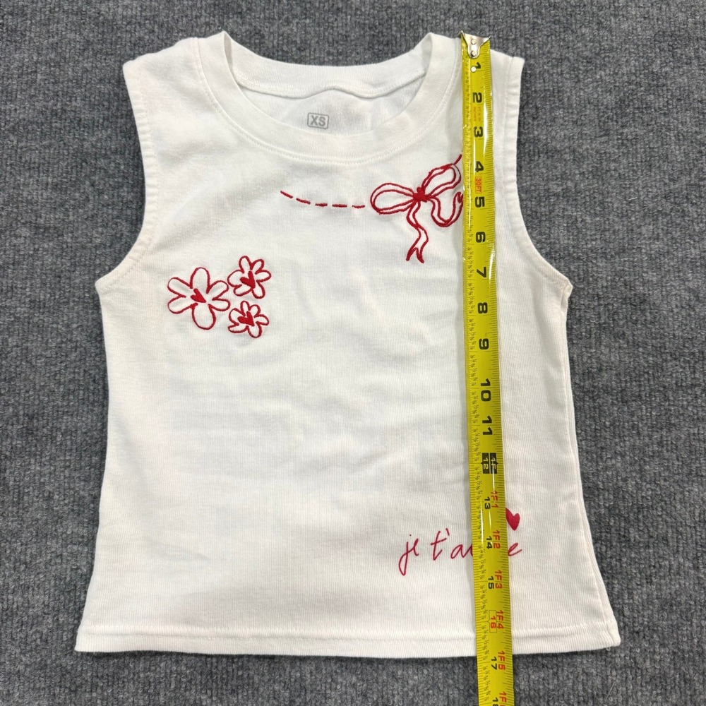 Ripple Junction White Ribbed Embroidered Red Je T'aime Bow Tank Top Size XS - Picture 6 of 6